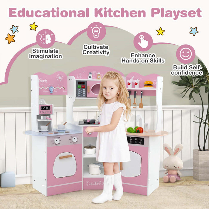 Honeyjoy Corner Kitchen Playset With Coffee Machine Oven Microwave Washing Machine Pink