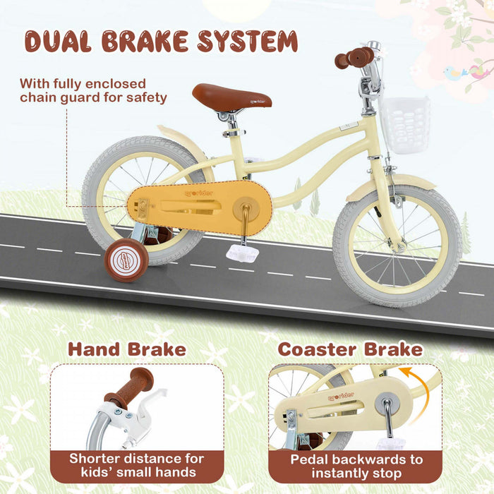 Prorider 14\" Kid's Bike With Removable Training Wheels & Basket For 3-5 Years Old Beige
