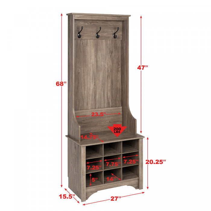 Narrow Hall Tree with Nine Shoe Cubbies - Drifted Grey