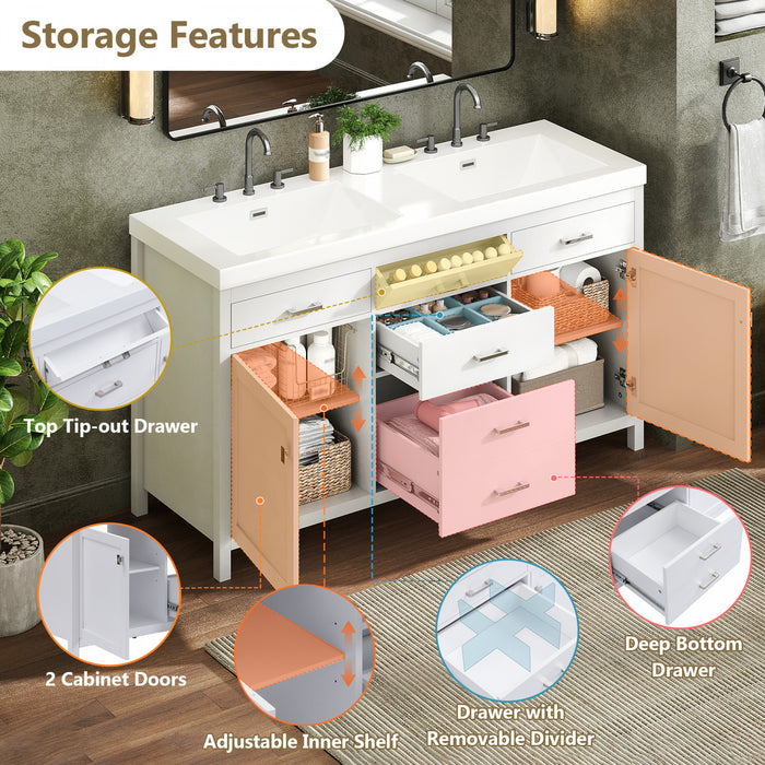 Sorelle 59 Inch Double Sink Bathroom Vanity with Resin Sinks and 3 Drawers, White