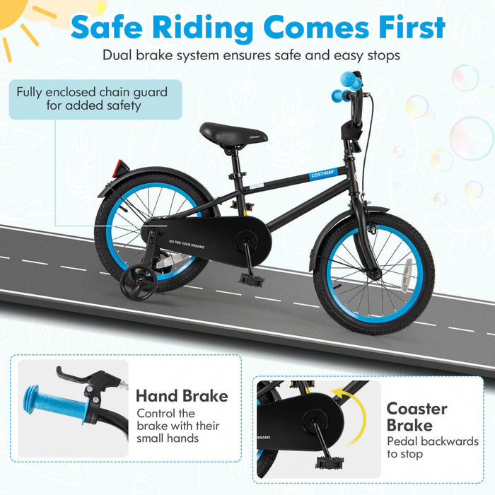 Costway 16\" Kids Bike With Adjustable Saddle Handlebar Removable Training Wheels Handbrake Black