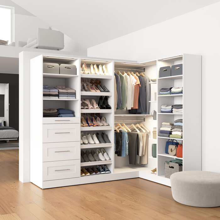 Bestar Florence 85\" Modular L-Shaped Walk-In Closet System with LED Lights, Rods, Drawers and Shoe Shelves Shaker Style - White