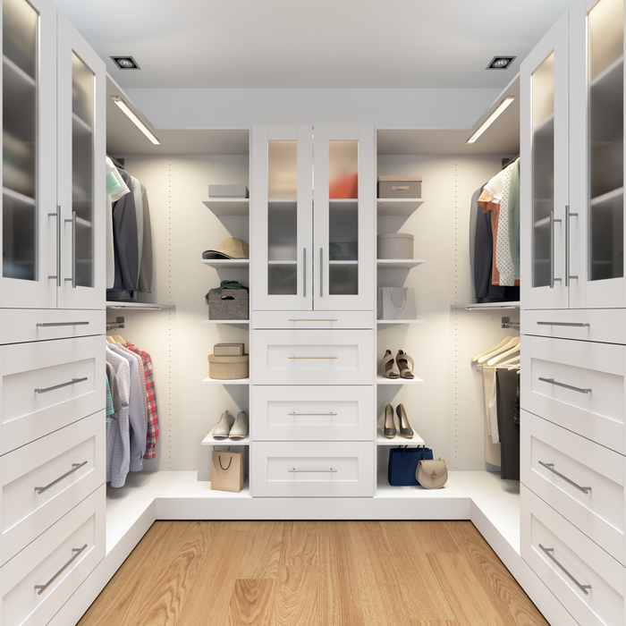Bestar Florence 113\" Modular U-Shaped Walk-In Closet System with LED Lights, Rods, Shelves, Drawers and Doors Shaker Style - White