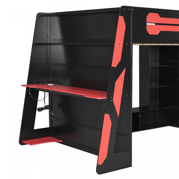 Olivia Wood Loft Bed with Desk and Multi-storage Shelves,RGB Light,Red Full Bed