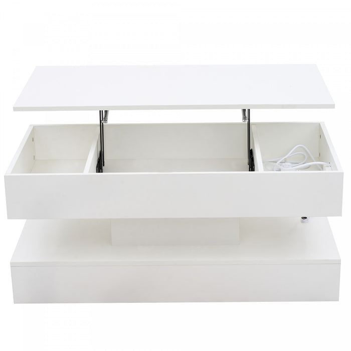 Flexi 39.9 Inch Hydraulic Lift-Top Coffee Table with LED Lighting and Hidden Storage, White