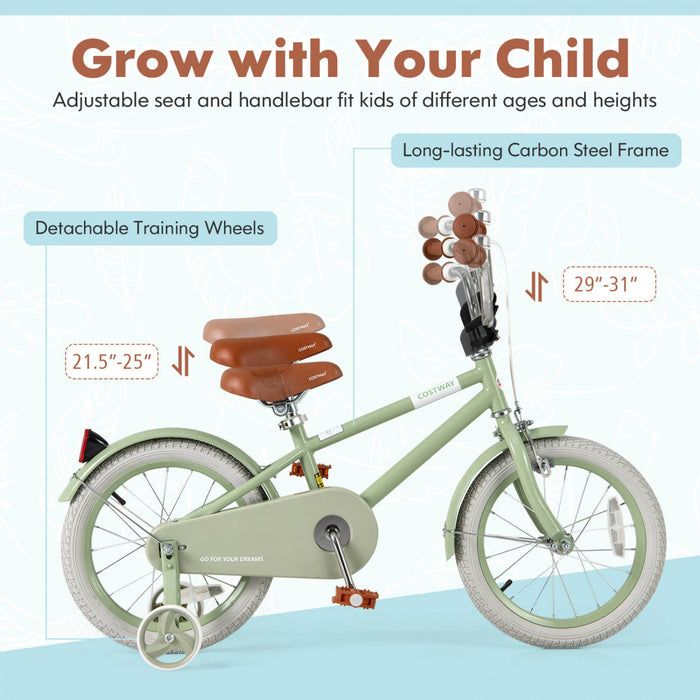 Costway 16\" Kids Bike With Adjustable Saddle Handlebar Removable Training Wheels Handbrake Green