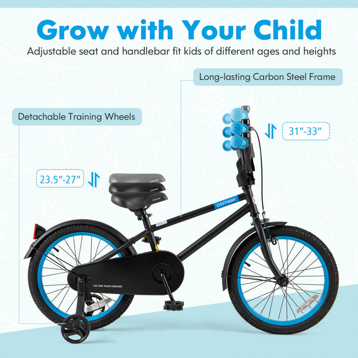 Costway 18\" Kids Bike With Adjustable Saddle Handlebar Removable Training Wheels Handbrake Black