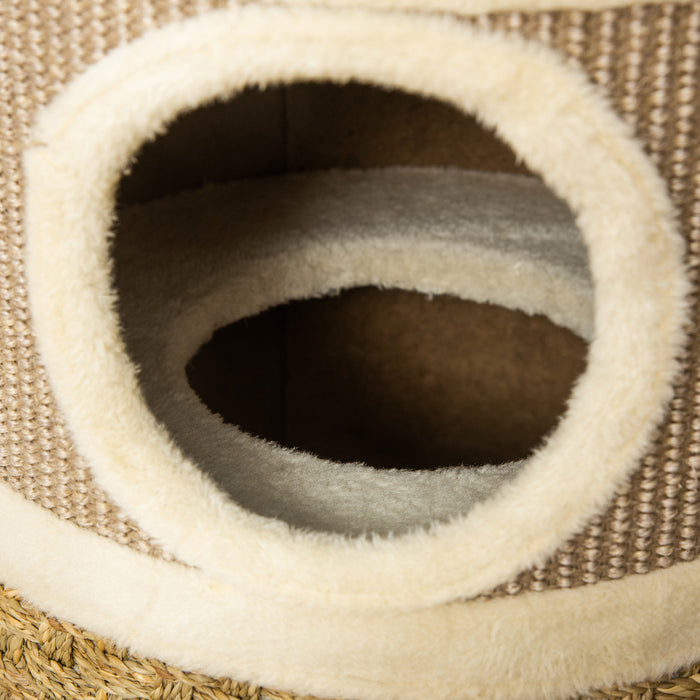 Pawhut Cat Condo 3 Story Three Holes With Sisal Seaweed Scratching Cover Surface, Cat Tower For Indoor Cats, 15\" X 28\", Khaki And Brown