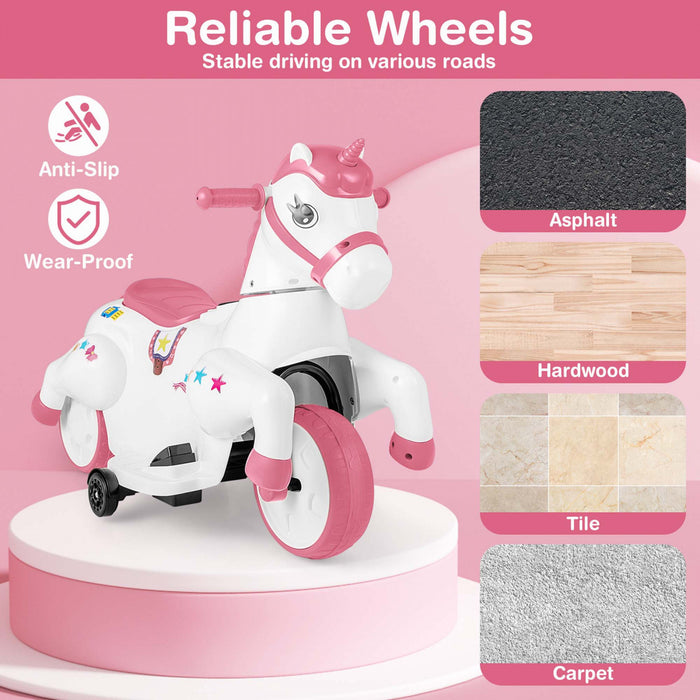 Costway 12v Kids Ride On Unicorn Toy With Training Wheels Music One-button Start Horse Toy Pink