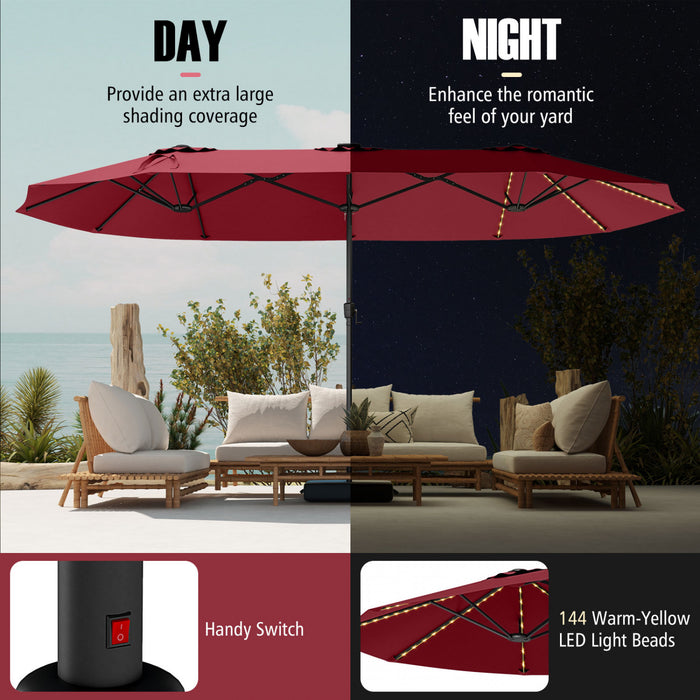 Costway 15.5 FT Extra-Large Patio Umbrella with LED Solar Lights & 12 Heavy-Duty Ribs Red