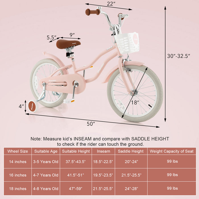 Costway 18\" Kids Bike Toddler Bicycle With Training Wheel Kickstand For 4-8 Years Old Pink