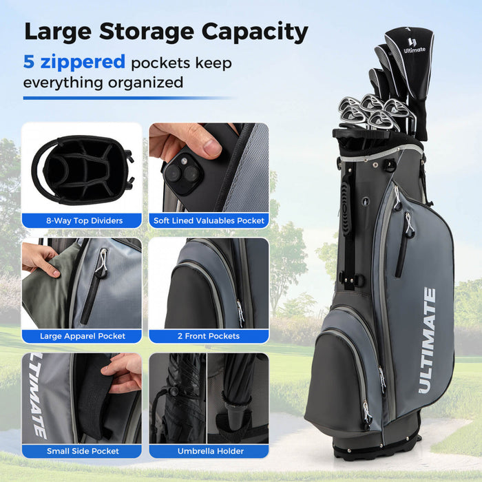 Men's Complete Golf Clubs Package Set 10 Pieces Includes Alloy Driver Grey