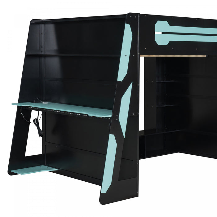 Olivia Wood Loft Bed with Desk and Multi-storage Shelves,RGB Light,Blue Full Bed
