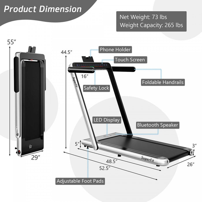 Superfit 2.25hp 2 In 1 Dual Display Folding Treadmill Jogging Machine W/app Control Silver