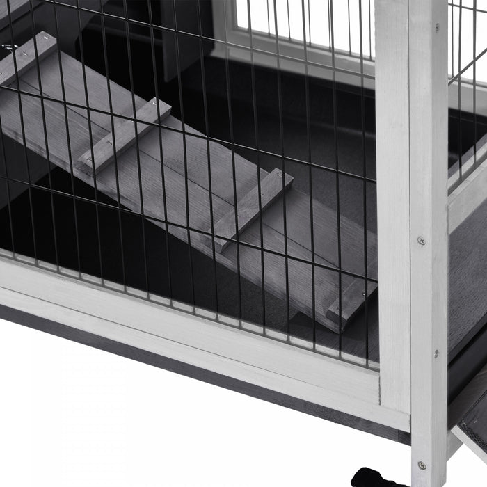 Pawhut Wooden Indoor Rabbit Hutch Elevated Bunny Cage Habitat With Enclosed Run With Wheels, Ideal For Rabbits And Guinea Pigs, Grey