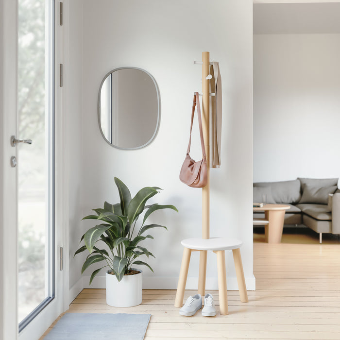 Umbra Modern Wood Pillar Stool and Coat Rack - White and Natural