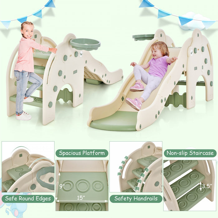 Costway 3-in-1 Toddler Slide With Buffer Zone Basketball Hoop & Ball Elephant Design