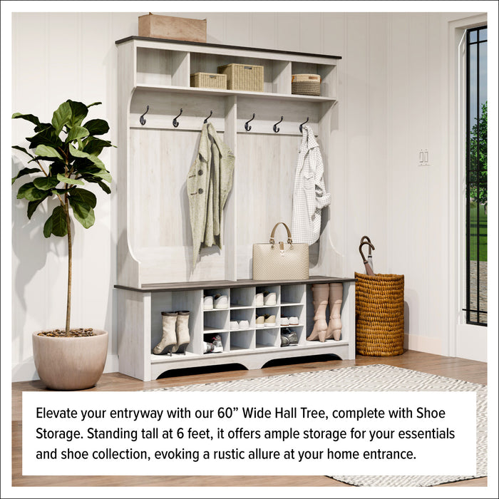 Rustic Ridge Farmhouse Entryway Storage Cabinet with Shoe Cubbies & Coat Hooks - Washed White