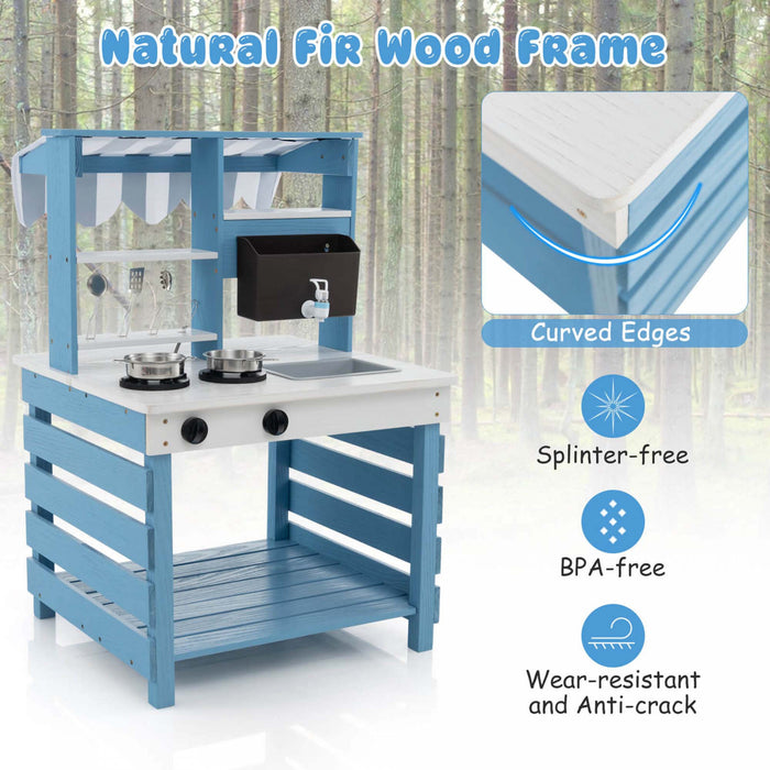 Costway 2-in-1 Wooden Mud Kitchen With Canopy Removable Sink Water Box Faucet Sound Effect