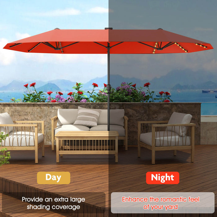 Costway 13 FT Large Patio Umbrella with LED Solar Lights Crank Handle 12 Heavy-Duty Ribs Orange