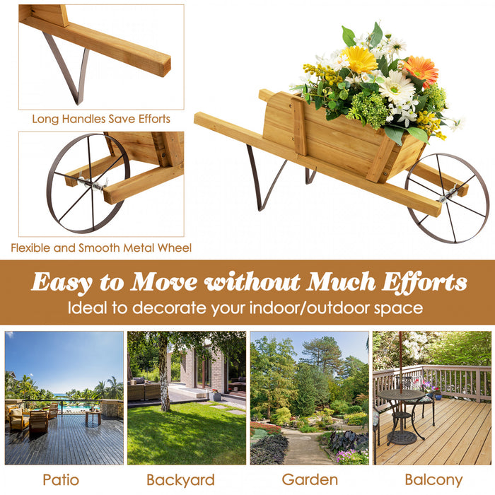 Costway Wooden Wagon Planter Decorative Indoor/outdoor Rustic Flower Cart With Wheel Beige