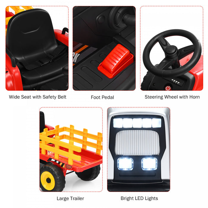 Costway 12v Kids Ride On Tractor With Trailer Ground Loader W/ Rc & Lights Red