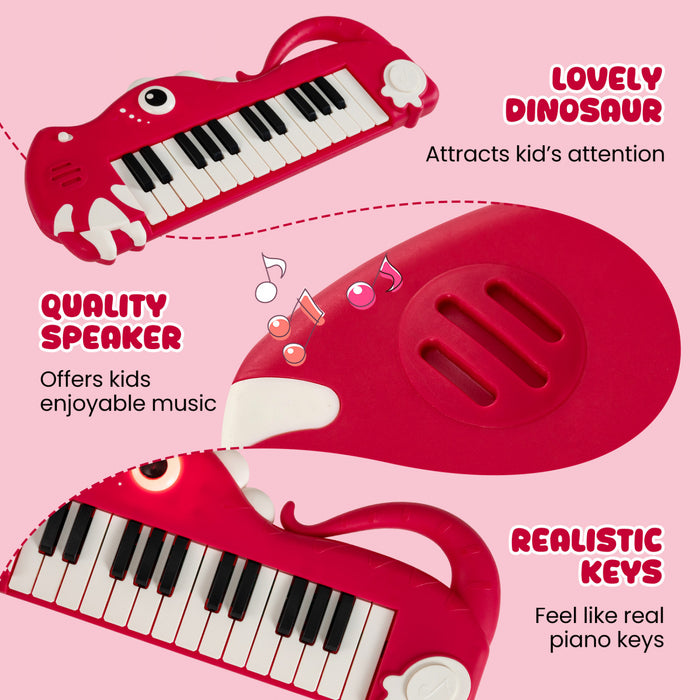 Costway 25-Key Kids Piano Keyboard Dinosaur Shape Toy Digital Piano with Built-in Music & Light Red