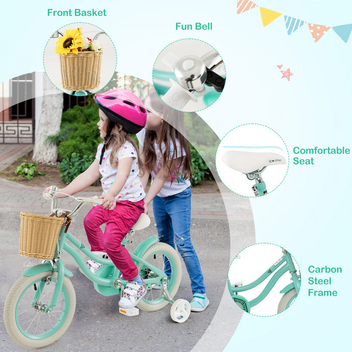 Prorider 14\" Kid's Bike With Training Wheels Adjustable Handlebar Seat Handbrake Green