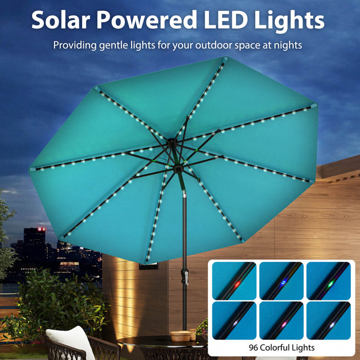 Costway 10 FT Solar Patio Umbrella with 96 LED Lights 35° Adjustable Tilt Vented Top Turquoise