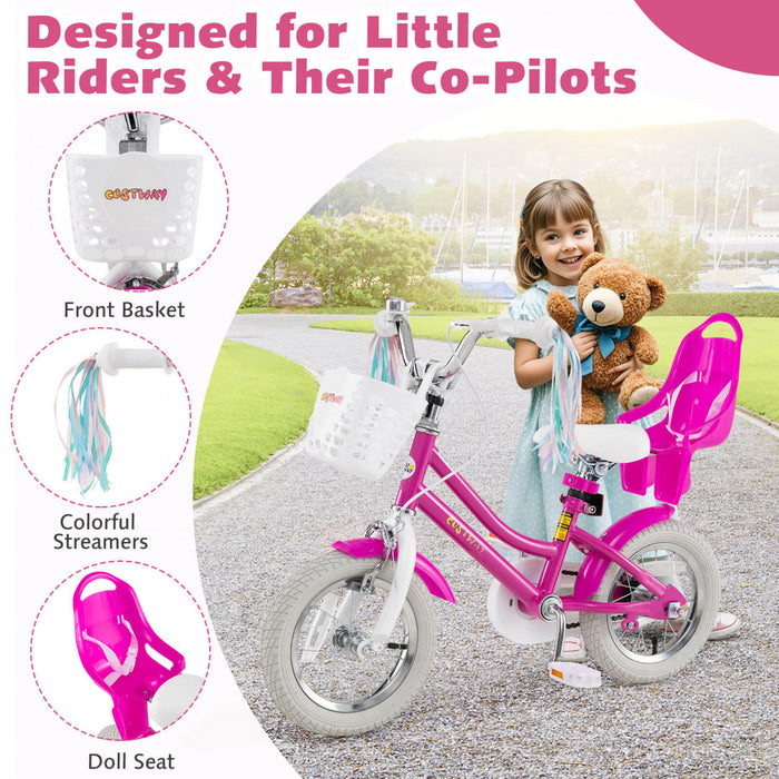 Costway 12 Inch Kids Bike With Training Wheels Doll Seat Basket Streamers Hand Brake Pink