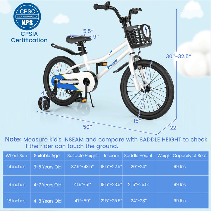 Costway 18\" Kid's Bike With Removable Training Wheels & Basket For 4-8 Years Old White