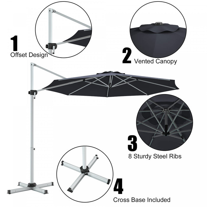 Costway 11' Patio Cantilever Offset Umbrella 360° Rotation Aluminum Tilt Grey