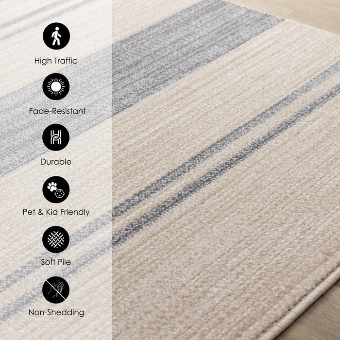 Covington Beige Grey Striped Design Rug, 6'7\" x 9'10\" Indoor Area Rug