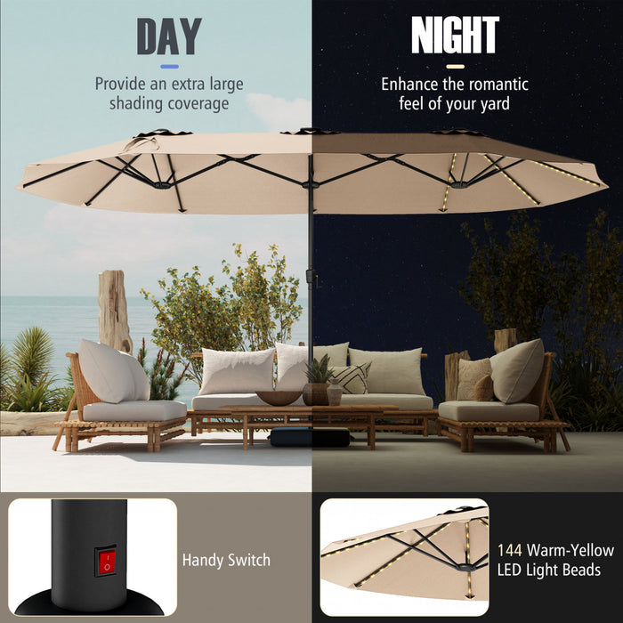 Costway 15.5 FT Extra-Large Patio Umbrella with LED Solar Lights & 12 Heavy-Duty Ribs Beige