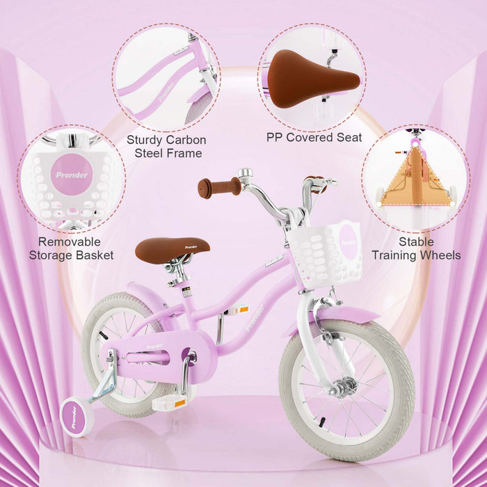 Costway 14\" Kid's Bike With Removable Training Wheels & Basket For 3-5 Years Old Purple