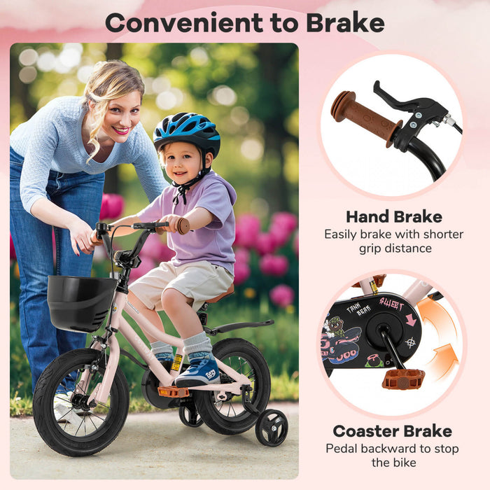 Costway 12\" Kid's Bike With Training Wheels Adjustable Handlebar & Seat Handbrake Pink