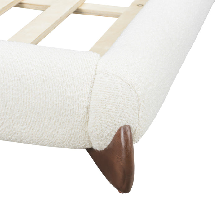 Emma Low Profile Platform Bed Frame with Curved Headboard and Boucle Upholstery, King Size,Cream White King Bed