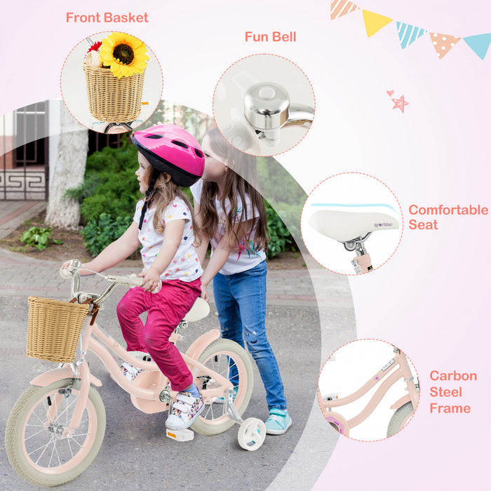 Prorider 14\" Kid's Bike With Training Wheels Adjustable Handlebar Seat Handbrake Pink