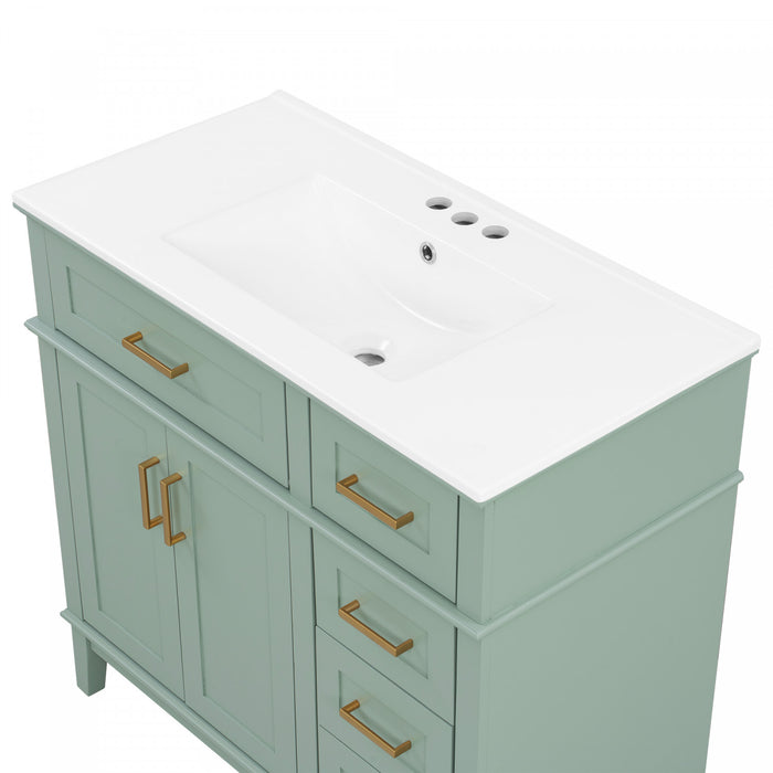 Clara 36 Inch Modern Bathroom Vanity with Ceramic Sink and Multi-Drawer Storage, Light Green