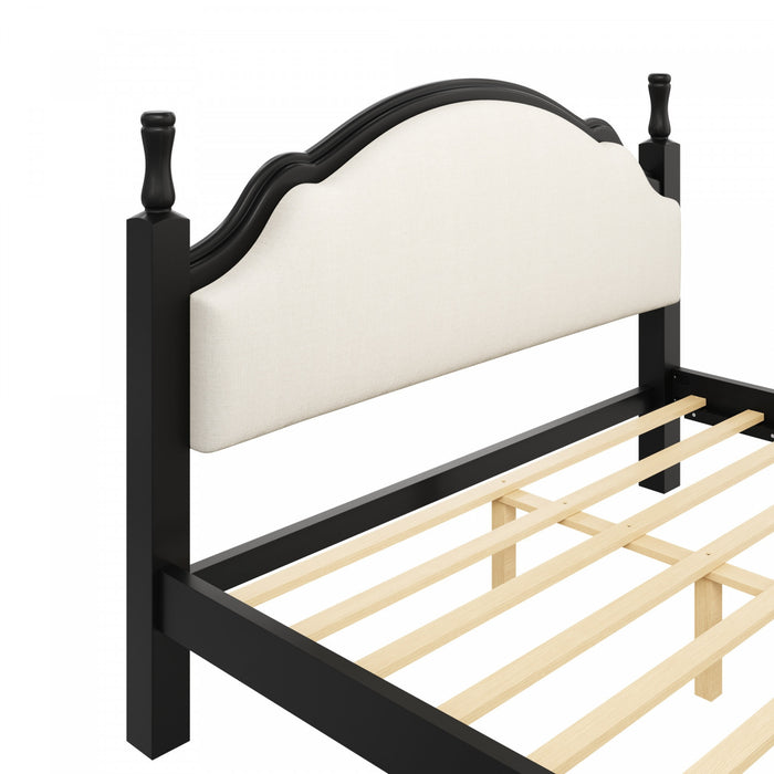 Miles Queen Size Wood Platform Bed with Curved Upholstered Headboard, Black