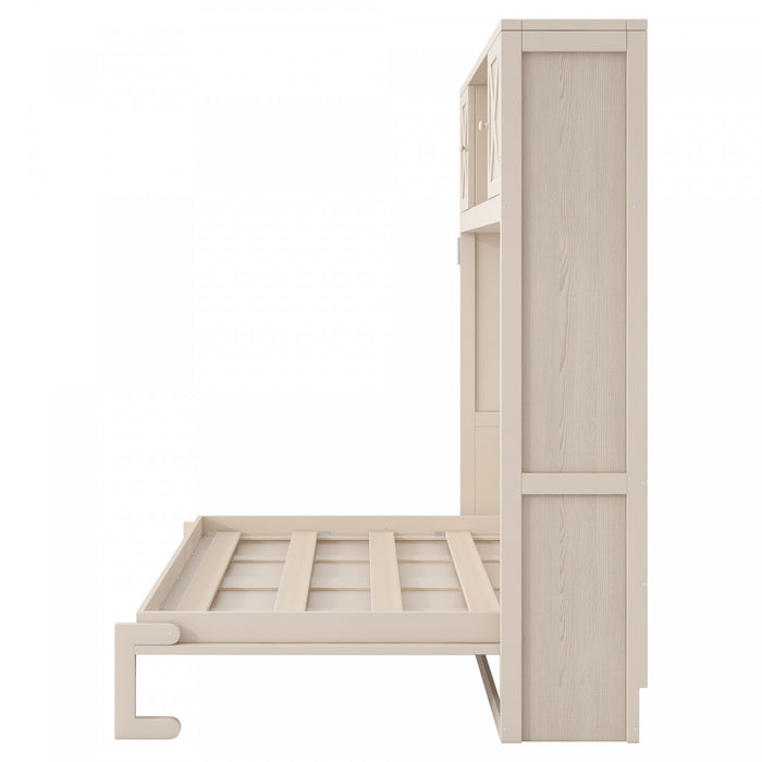 Ethan Solid Wood Murphy Bed with Storage Cabinets,Full Size,Beige Full Bed