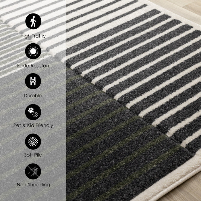 Maverick Green Black White Modern Striped Design Rug, 7'10\" x 10'6\" Indoor Area Rug