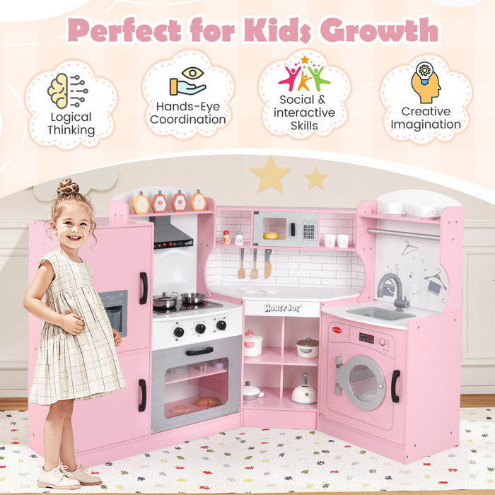 Honeyjou Corner Play Kitchen Toddler Kitchen Playset With Range Hood, Ice Maker, Microwave Pink