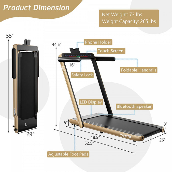 Superfit 2.25hp 2 In 1 Dual Display Folding Treadmill Jogging Machine W/app Control Yellow