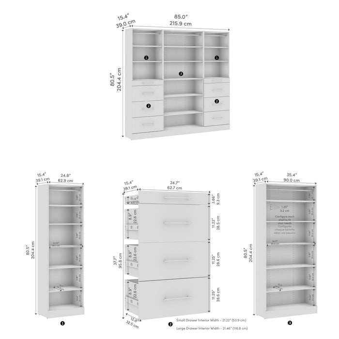 Bestar Florence 85\" Modular Reach-In/Walk-In Closet System with Storage - White