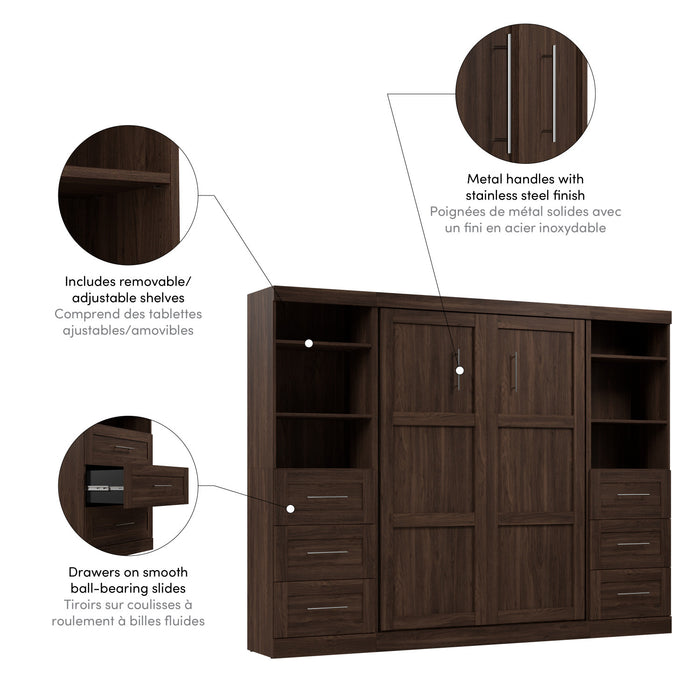 Bestar Pur 109\" Full Murphy Bed and 2 Shelving Units with Drawers - Black Walnut