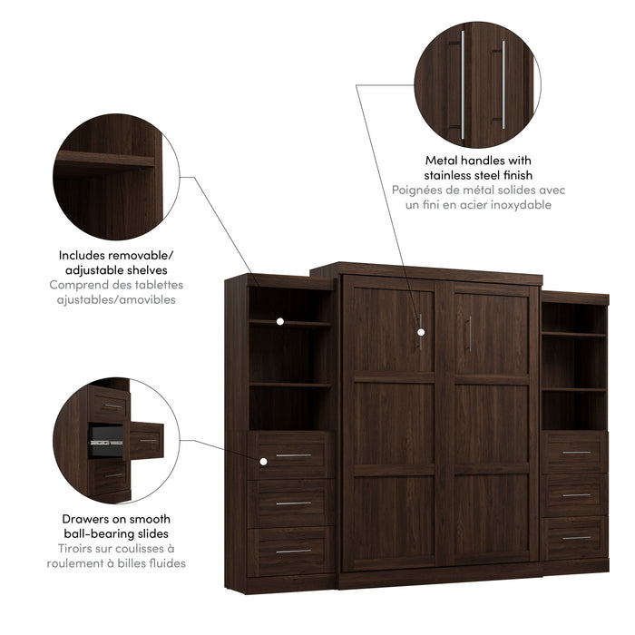 Bestar Pur 115\" Queen Murphy Bed and 2 Shelving Units with Drawers - Black Walnut