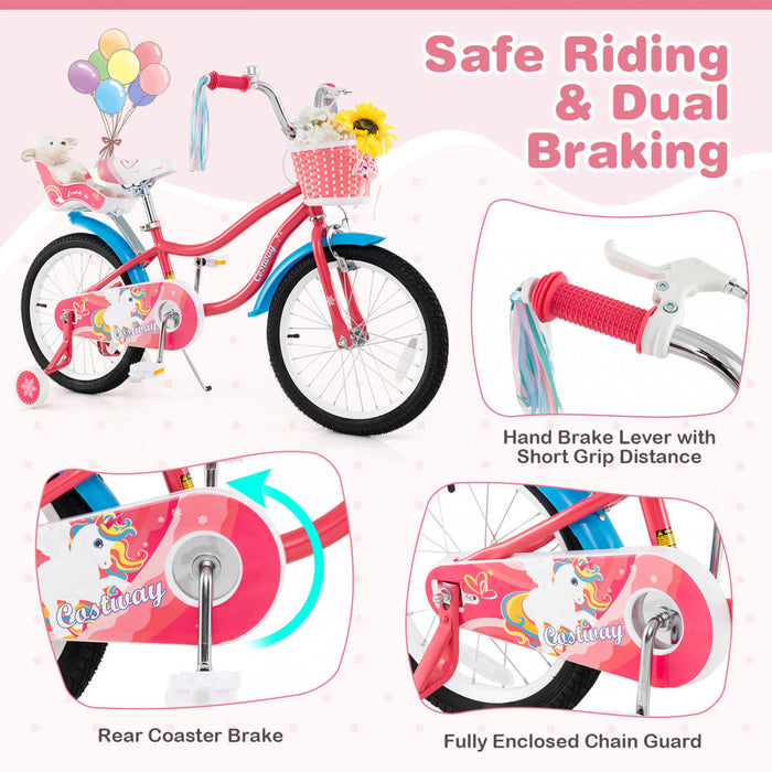 Costway 18\" Kids Bike For 4-8 Years Old With Basket Doll Seat & Colorful Streamers Kickstand Pink