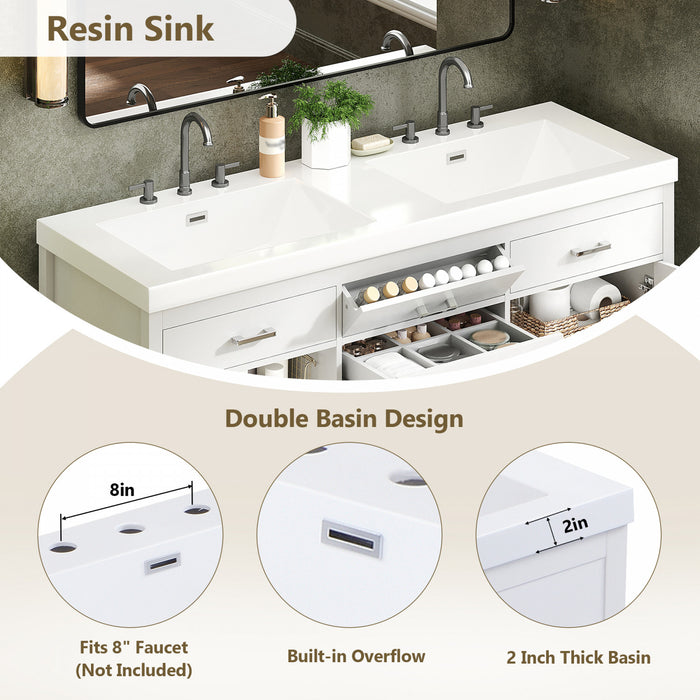 Sorelle 59 Inch Double Sink Bathroom Vanity with Resin Sinks and 3 Drawers, White