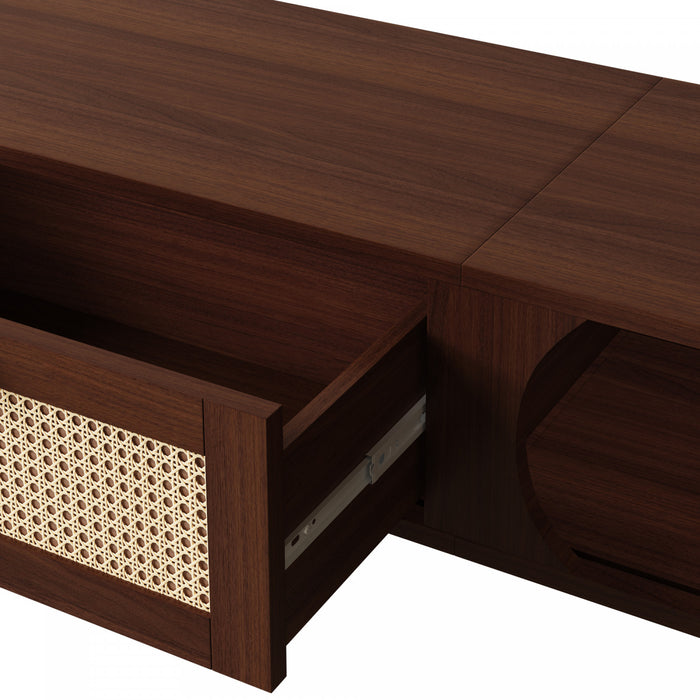 Rustic 67 Inch TV Cabinet with Rattan Sliding Doors and Drawers, Wood